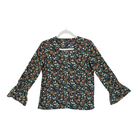 J. Crew Mercantile Ditsy Floral Flared Bell-Sleeve Bow Cuff V-Neck Blouse Size 0 - Picture 1 of 7
